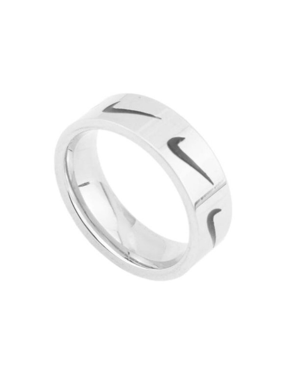 Silver Nike Ring - Black Swoosh Pattern - Stainless Steel - Size 8 - Unisex